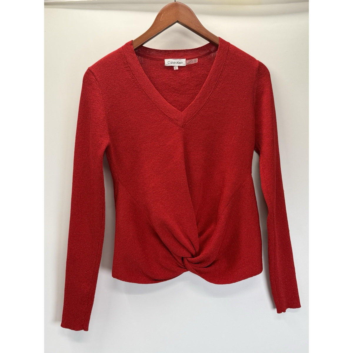 Calvin Klein Sweater Women LS Red Metallic Classic Fit V Neck Twist Detail Sz M