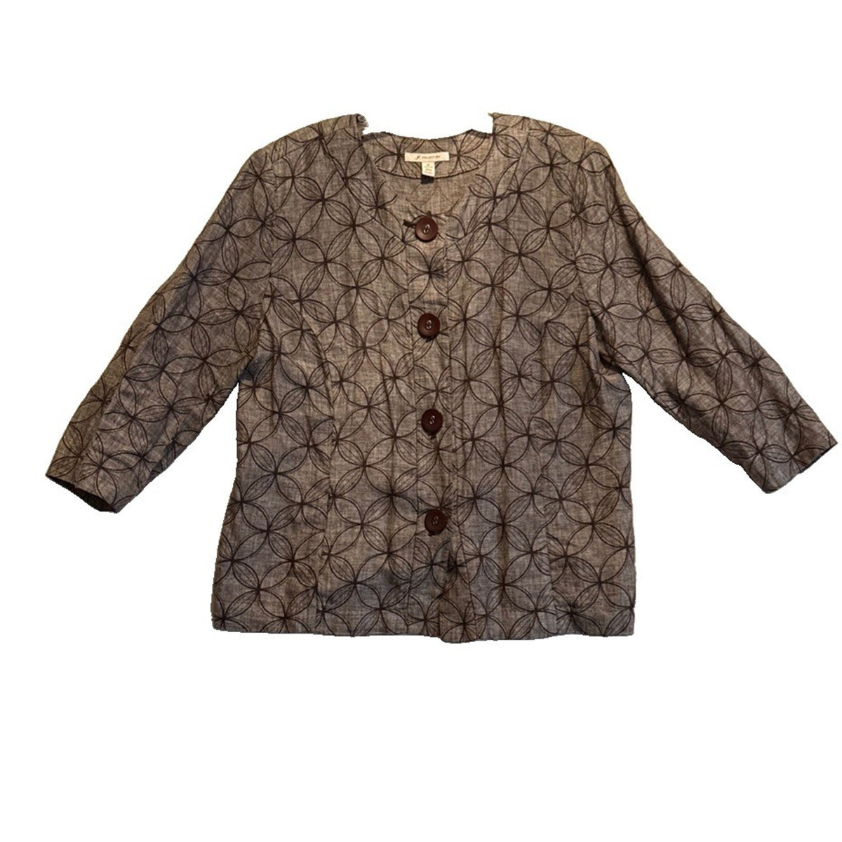 JM Collection Sz 16 Brown Geometric 100% Linen 3/4 Sleeve 4 button Jacket