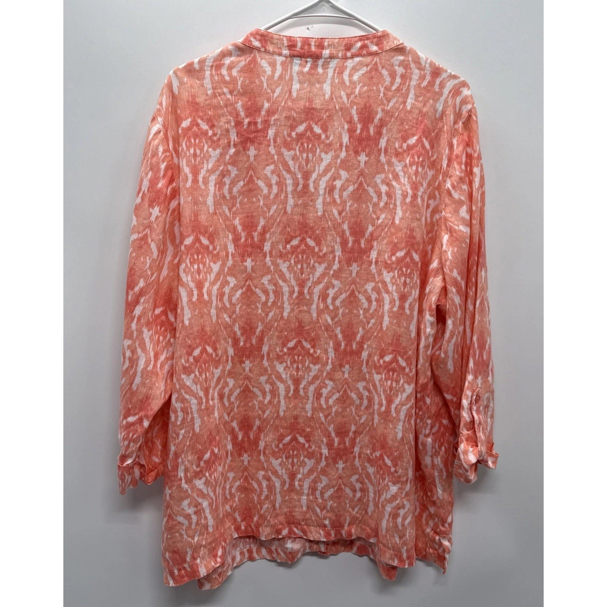 Kim Rogers Button Up Shirt Women’s 2X Plus Orange White Ikat Linen ¾ Sleeves Top