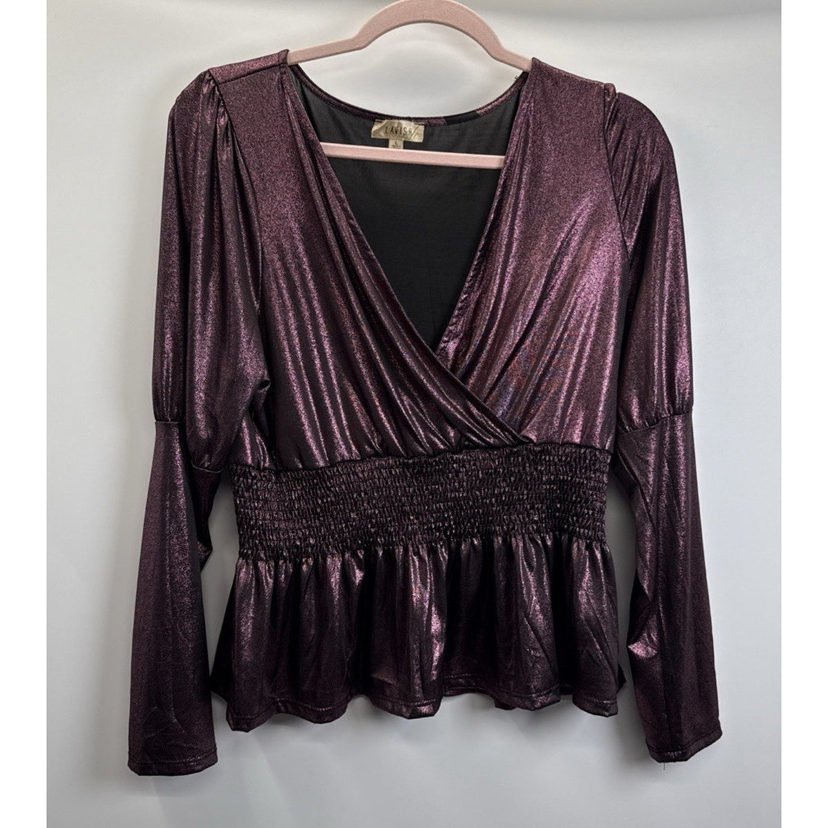 Lavish Metallic Plum Peplum Top L Puff Sleeve Smocked Y2K Party Blouse