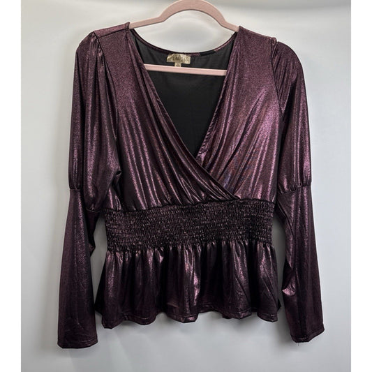 Lavish Metallic Plum Peplum Top L Puff Sleeve Smocked Y2K Party Blouse