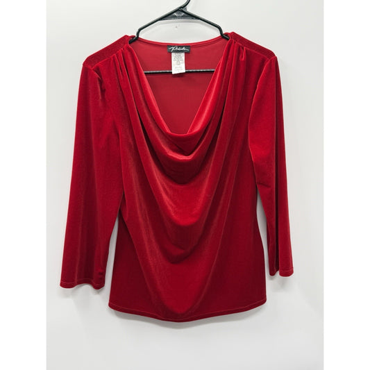 Prelude Red Velour Cowl Neck Top Womens M Long Sleeve Stretch Holiday Velvet