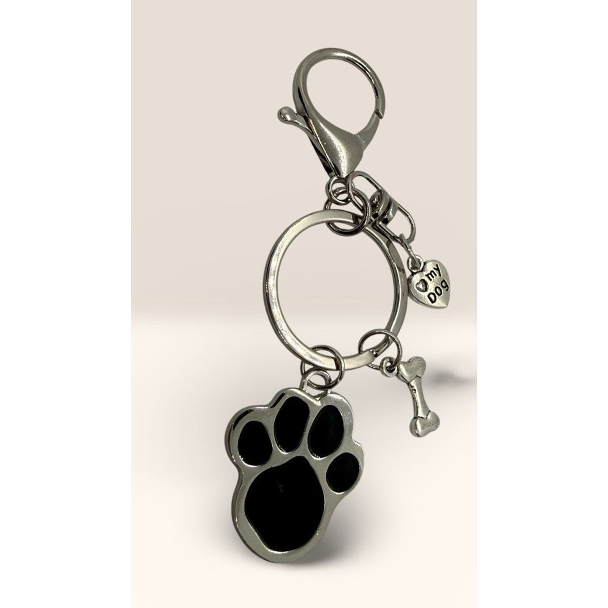 Dog Lover Purse Charm Keychain Paw Print Bone I Love My Dog Silver Tone