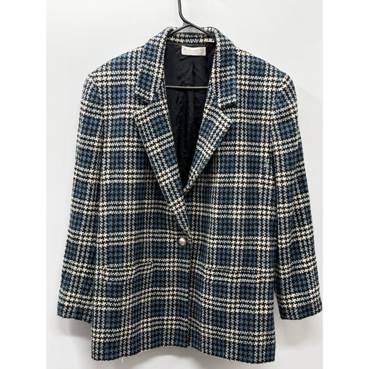 Elisabeth Liz Claiborne Womens 14 Wool Blend Plaid Blazer Metallic Blue Black