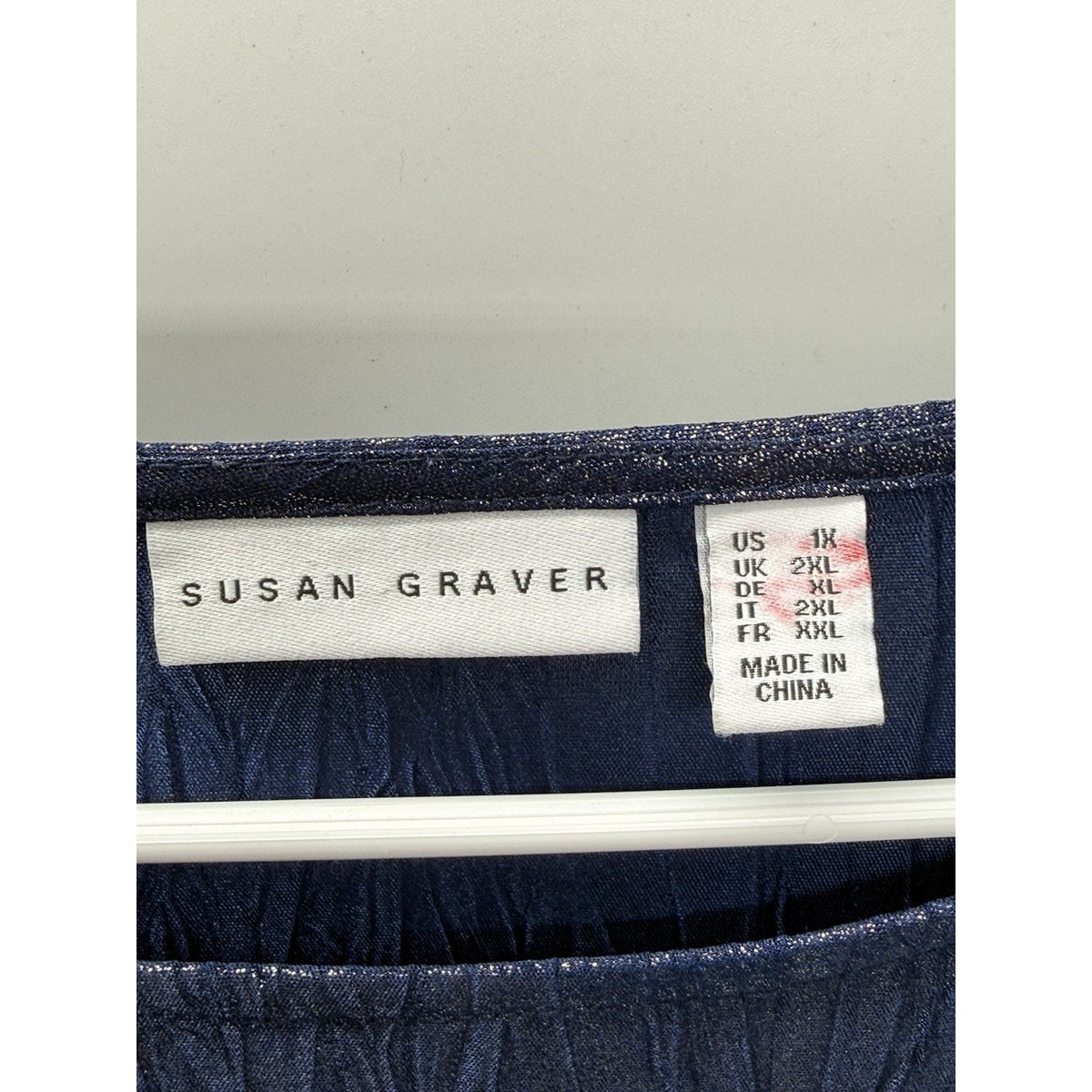 Susan Graver 1X Blue Metallic Crinkle Knit Top Shimmer 3/4 Sleeve