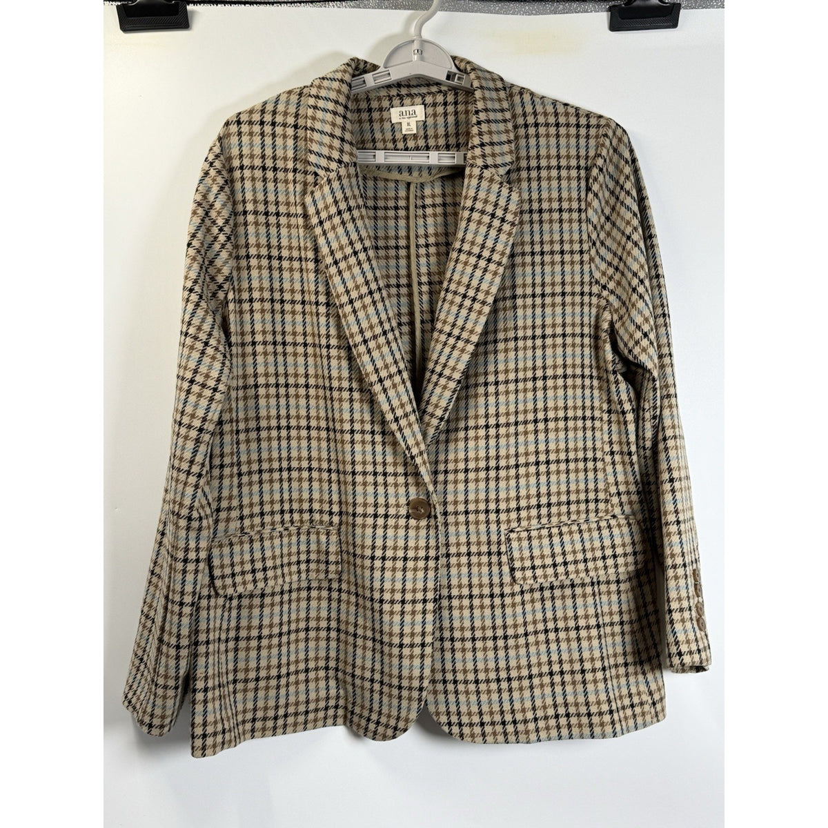 a.n.a Plaid Blazer Jacket XL Brown Blue Stretch Classic Preppy Academia