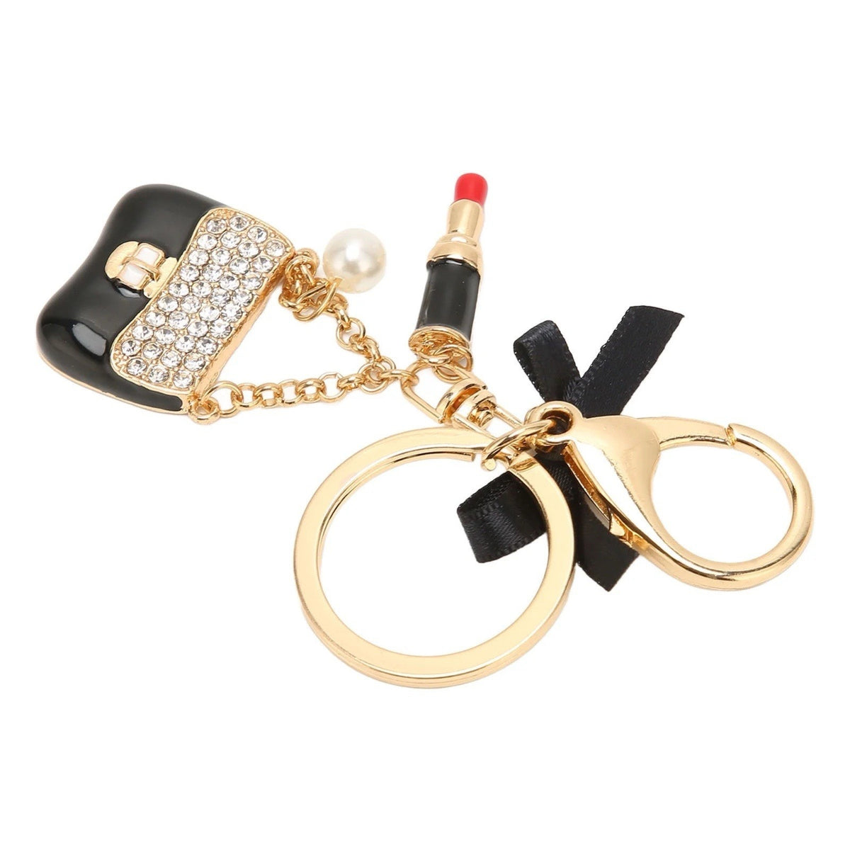 Handbag Purse Charm Keychain Women’s Rhinestone Bag Lipstick Gold Tone Keyring
