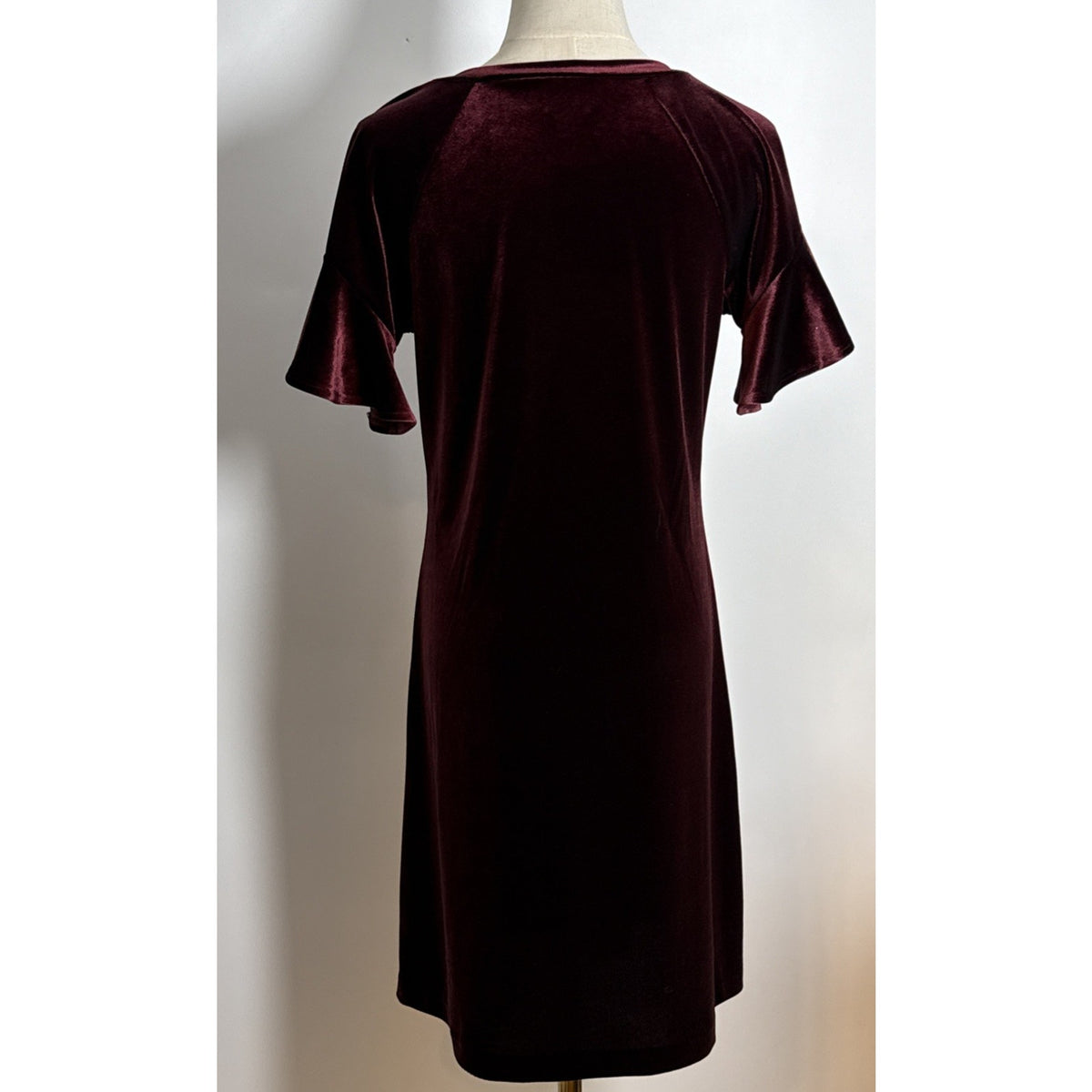 Worthington Velvet Shift Dress Small Burgundy Wine Ruffle Flutter Sleeve Holiday