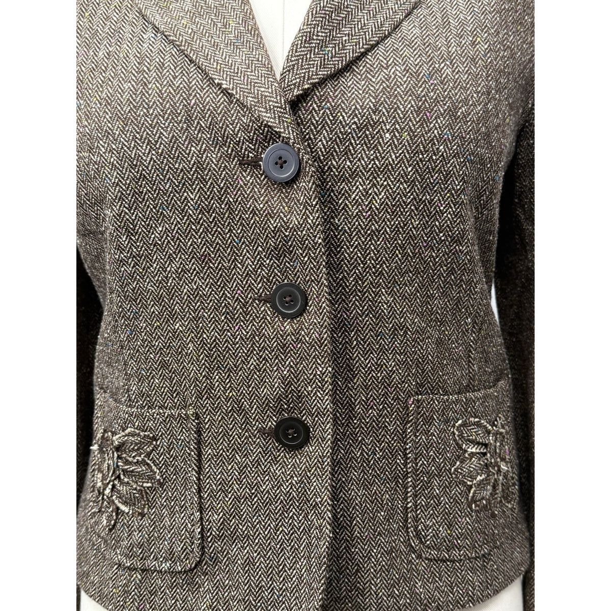 George Women’s Brown Herringbone Blazer Jacket Size 16 Button Embroidered Pocket