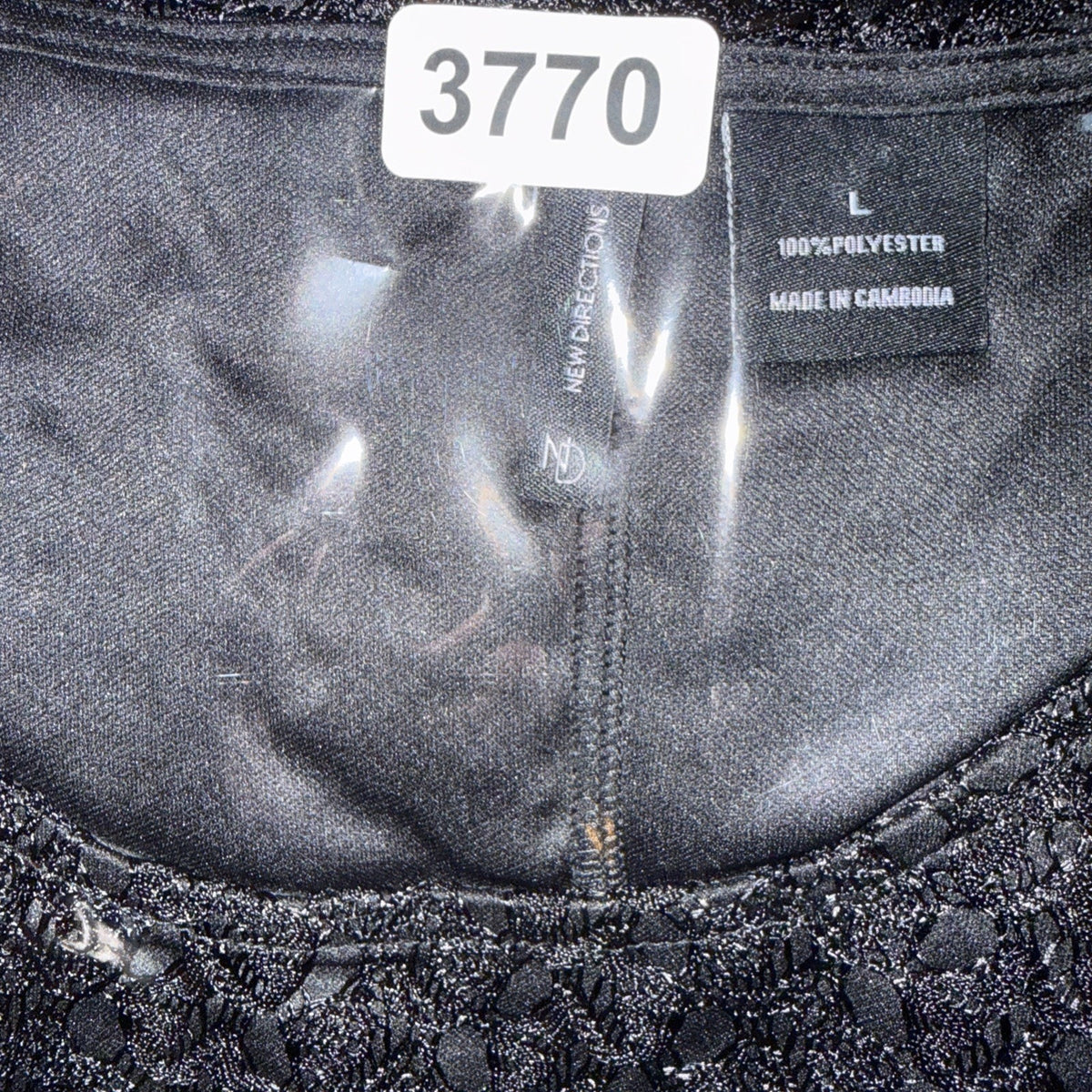 New Directions Women’s Black Lace Tunic Top L 3/4 Sleeve Sharkbite Hem Sheer