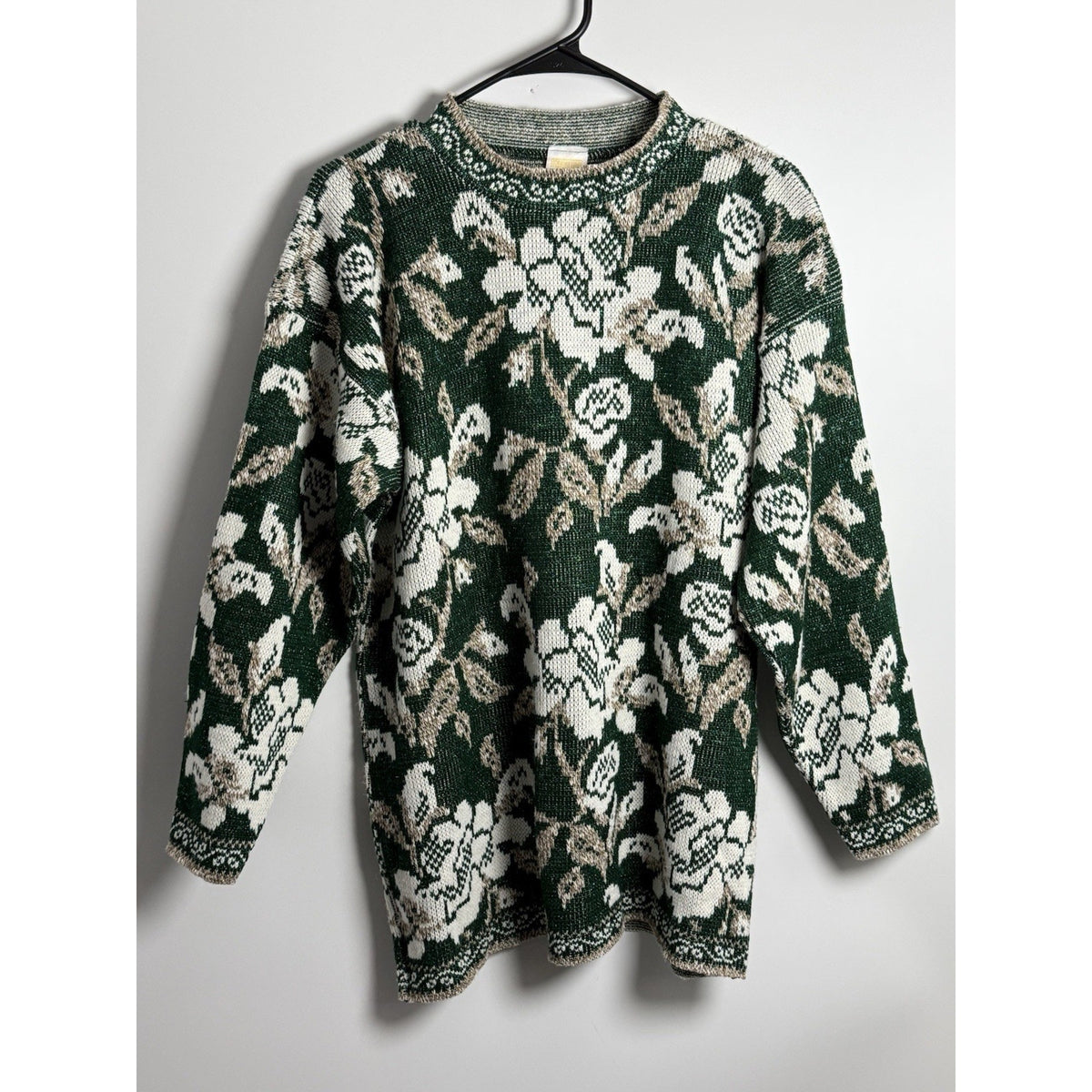 Vintage Holiday Time Sweater Womens L Green Lurex Metallic Floral Made USA