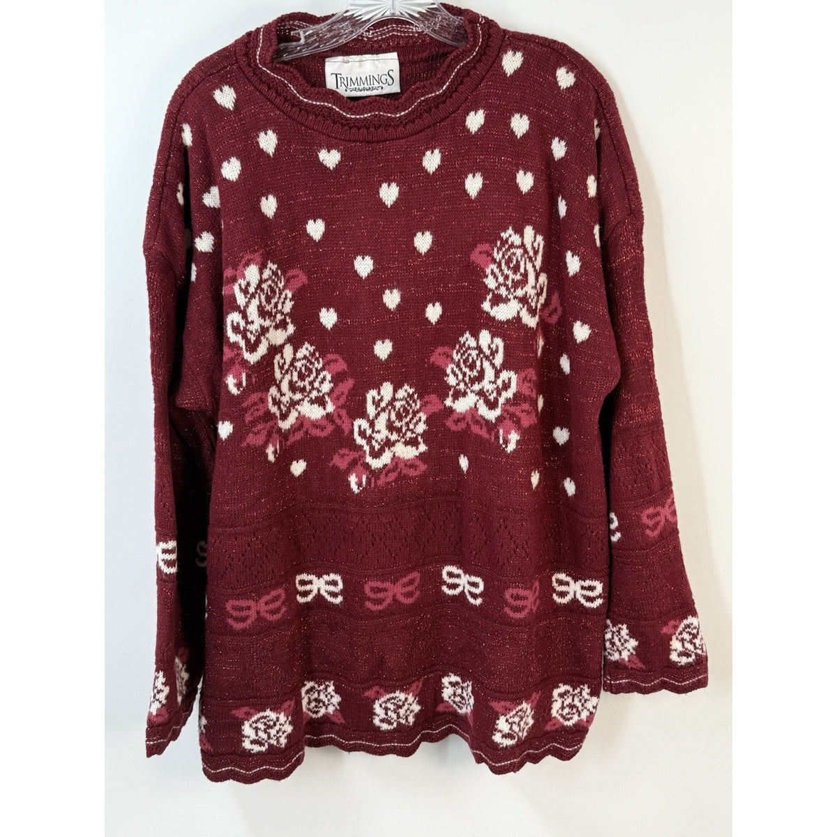 Trimmings Vintage Sweater Sz 22W Red Roses Hearts Lurex Knit Tear at Hem READ