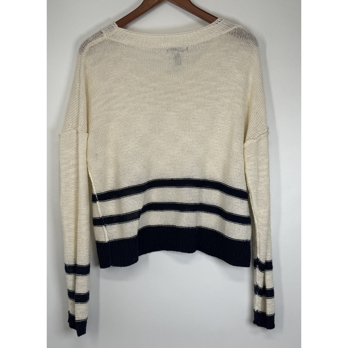 AQUA Striped Knit Sweater Womens L Ivory Black Linen Blend Crew Neck