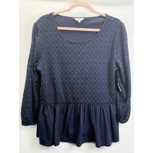 Crown & Ivy Navy Lace Peplum Top Womens Large Boho Cottagecore Casual