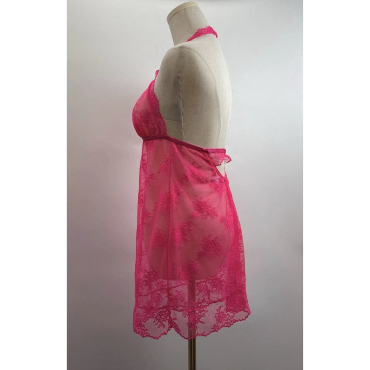 Victoria’s Secret Lingerie Large Hot Pink Lace Sheer Halter Babydoll Chemise