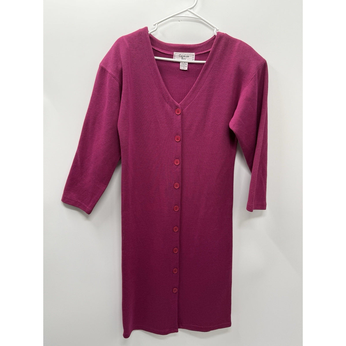 Carolina Bay Womens M Pink Button Front Ribbed Knit Dress 3/4 Sleeve Vintage