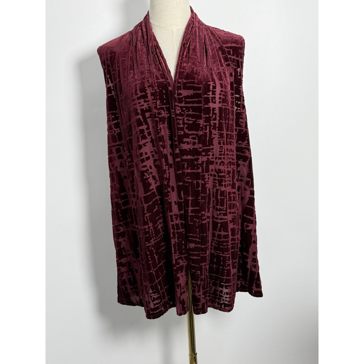 Susan Graver Women’s M Burgundy Burnout Velvet Open Front Draped Vest USA