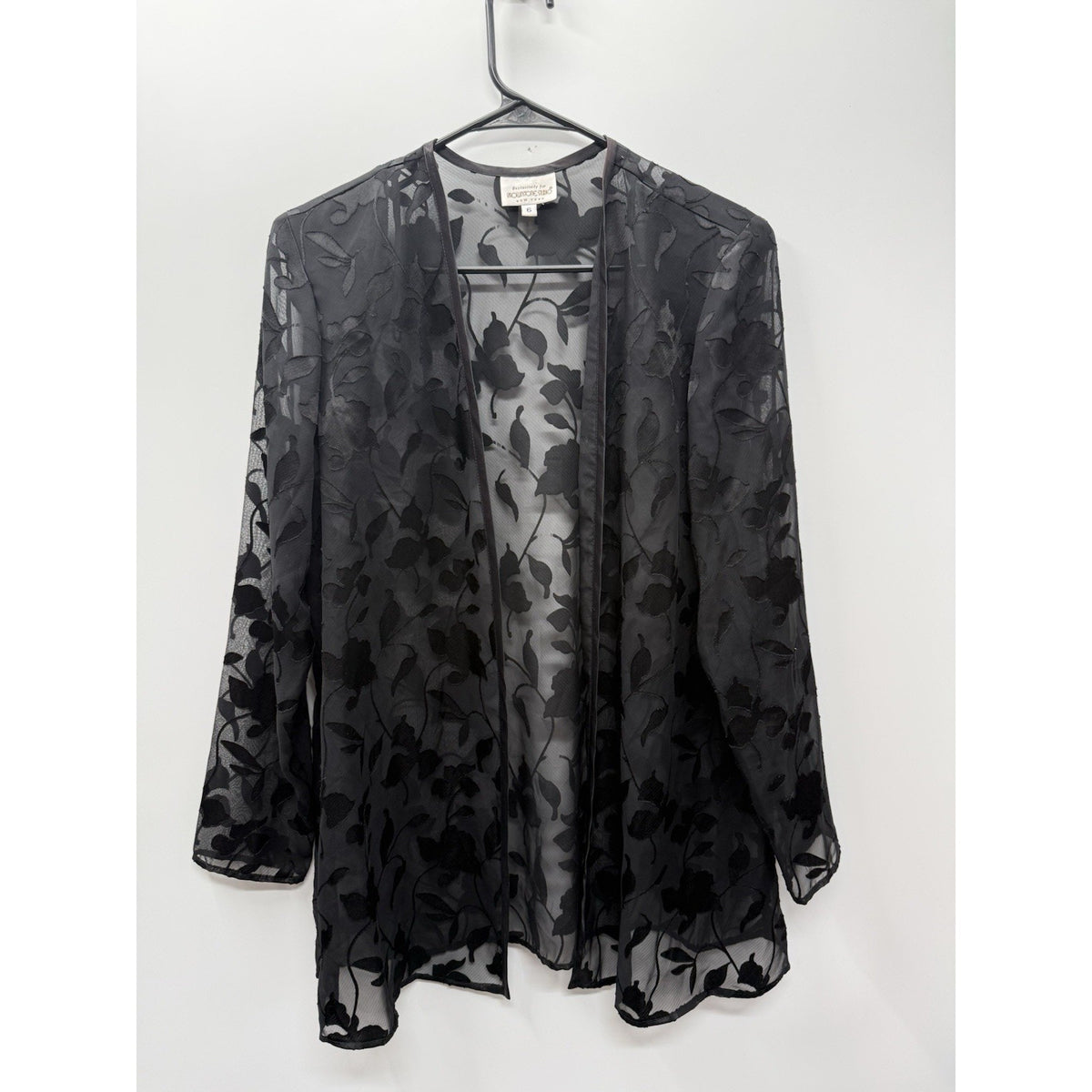 Black Sheer Burnout Floral Jacket Open Front Long Sleeve Size 6 Dark Romantic