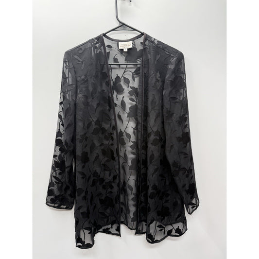 Black Sheer Burnout Floral Jacket Open Front Long Sleeve Size 6 Dark Romantic