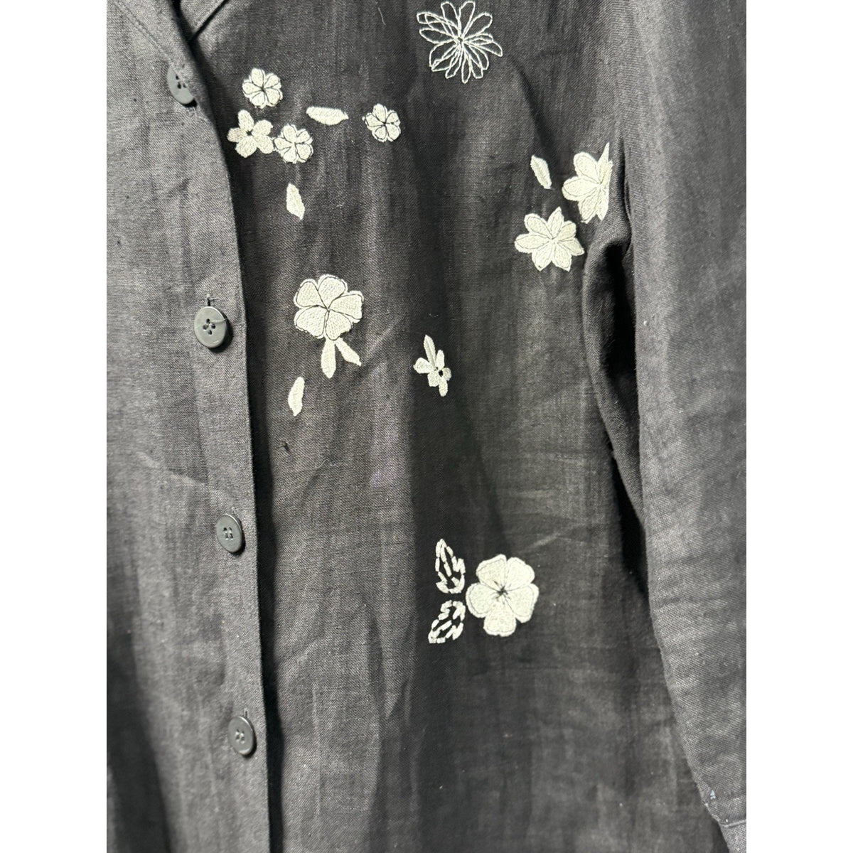 Harve Benard Black Linen Embroidered Jacket Shirt Womens 14 Floral Button Up