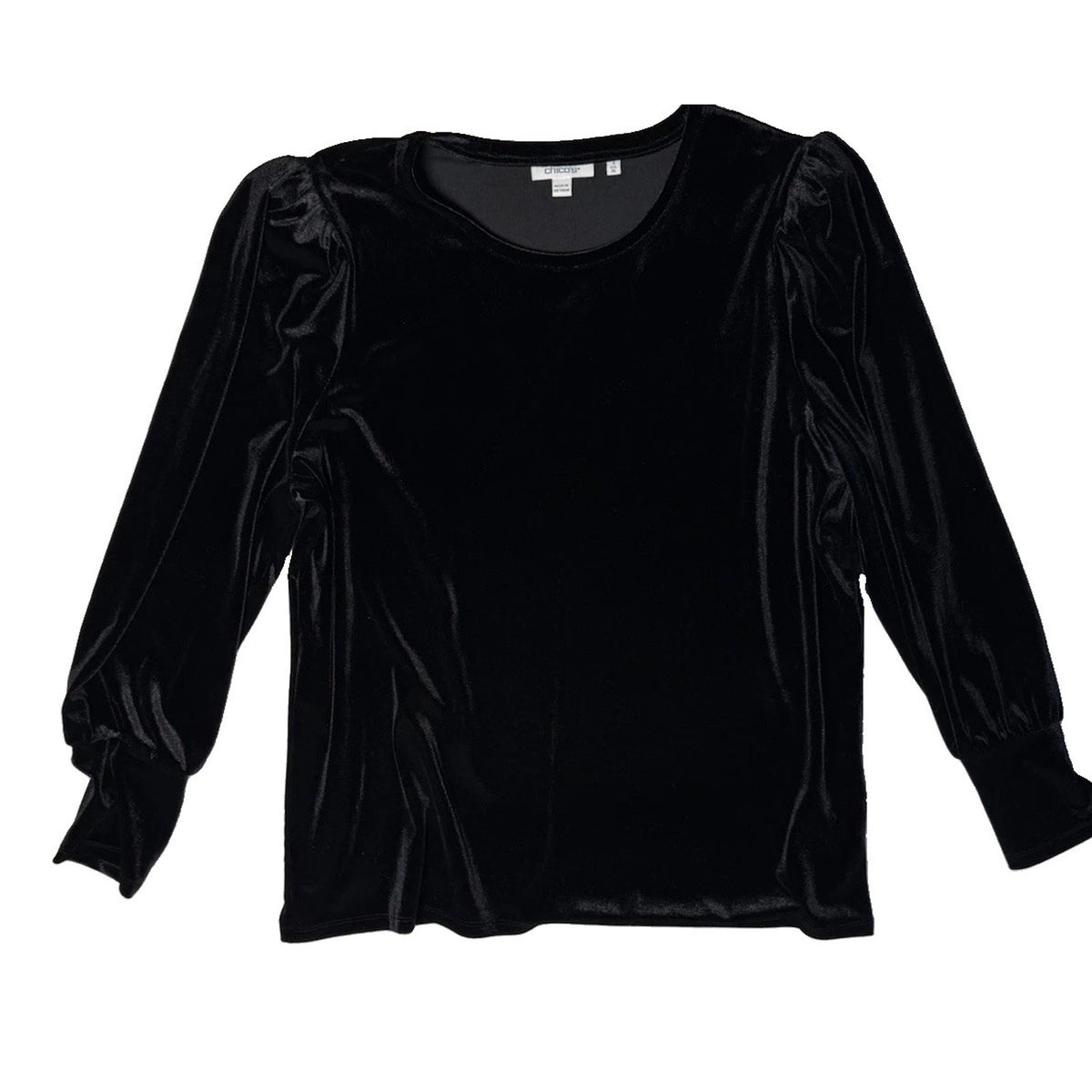 Chico’s Size 3 XL Black Velvet Top Puff Sleeve Long Sleeve Holiday Party