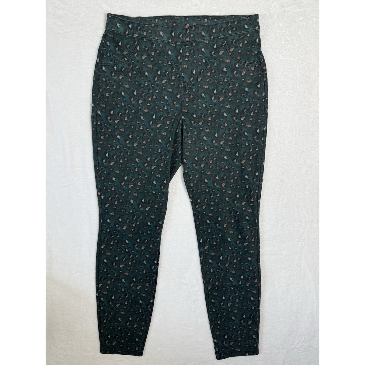 HUE Womens Leopard Print Leggings Green Pull On Stretch Pants Size Large