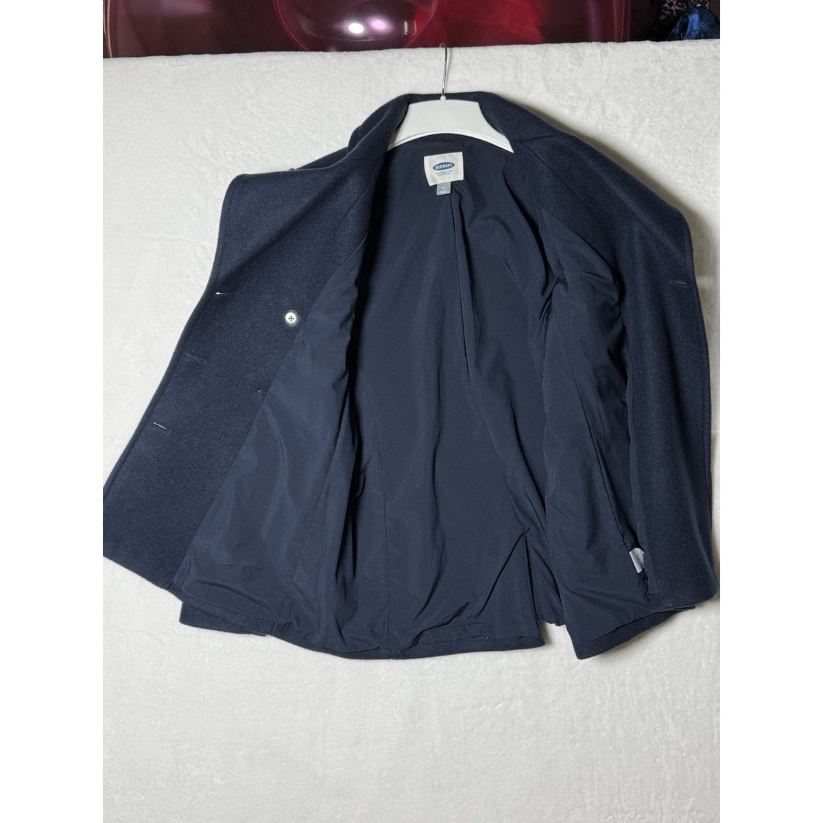 Old Navy Womens M Navy Blue Double Breasted Peacoat Jacket Belted Back 28”