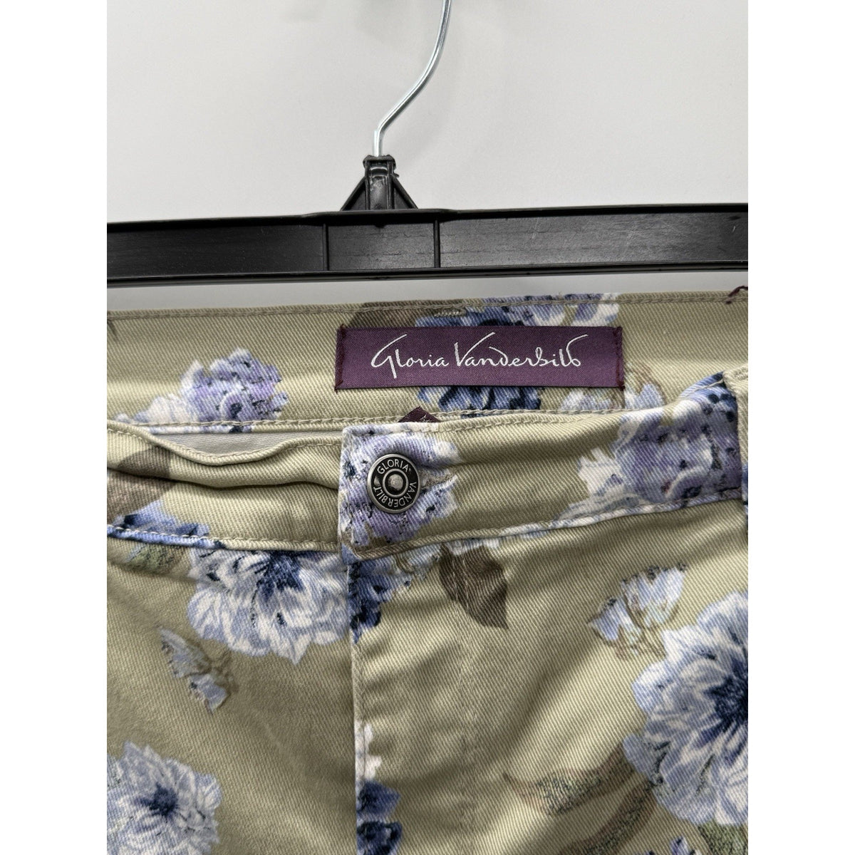Gloria Vanderbilt Amanda Capri Pants Womens 16W Beige Blue Floral Stretch Crop