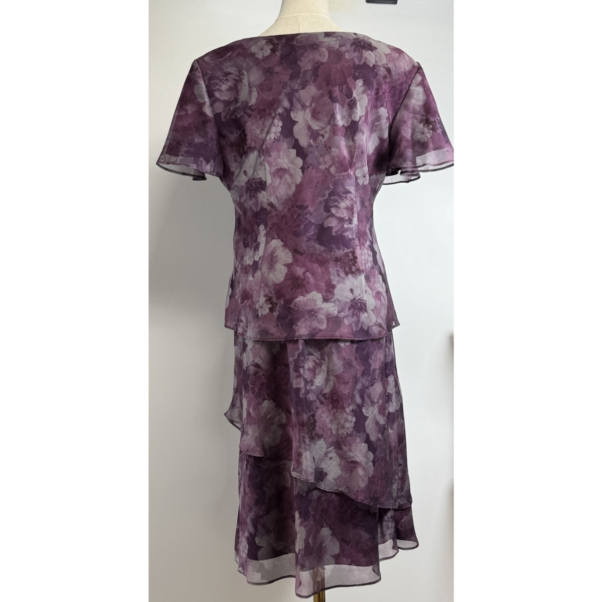 R&M Richards Purple Floral Chiffon Dress Set Size 12 Sheer Layered Romantic