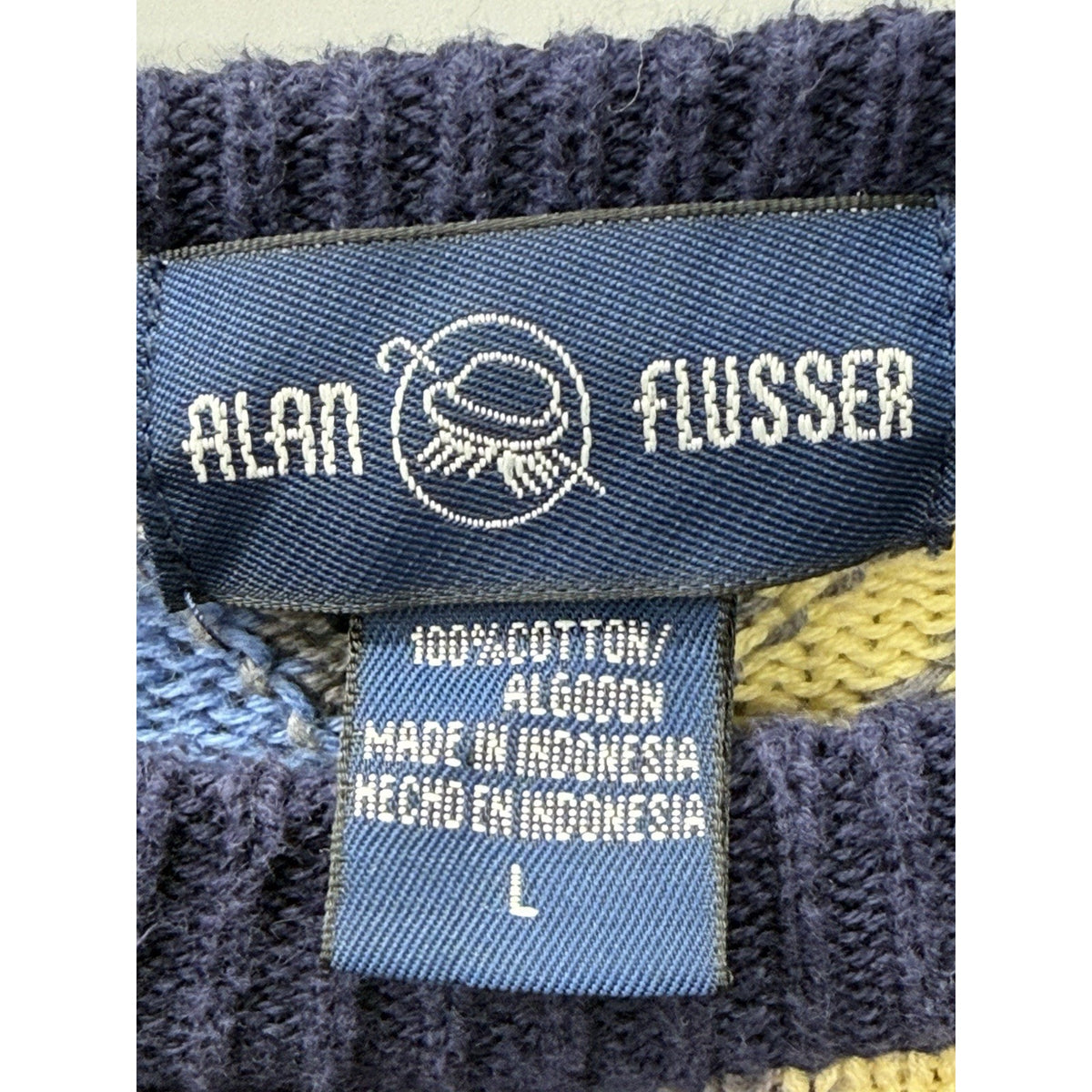 Alan Fusser Men L 100% Cotton Argyle Sweater Navy Blue Yellow Preppy Crewneck