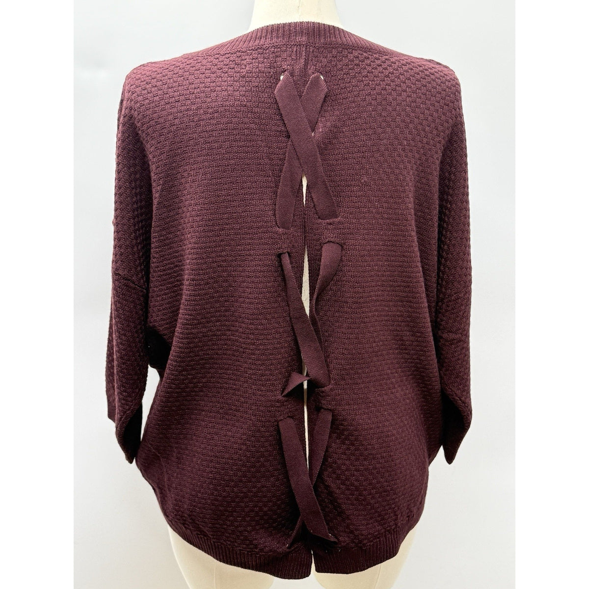 Soho New York & Company Sweater XL Burgundy Open Back Bow Tie Knit Pullover NWOT