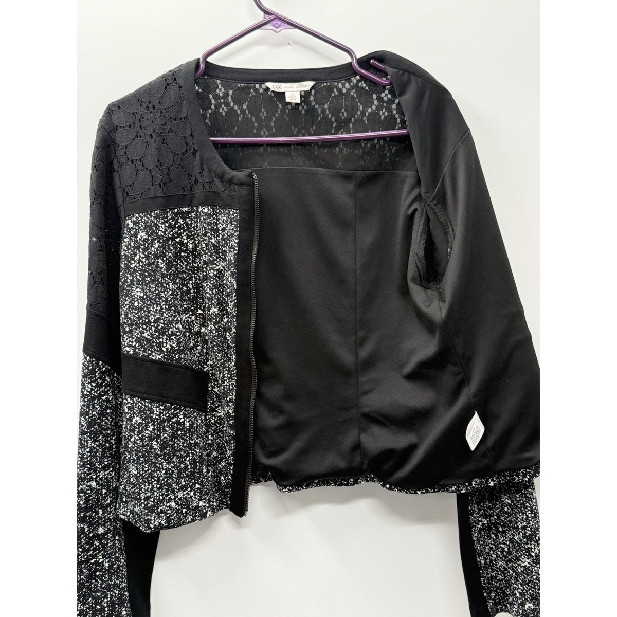 Cato Size 12 Black White Zip Front Jacket Lace Yoke Stretch Career Casual