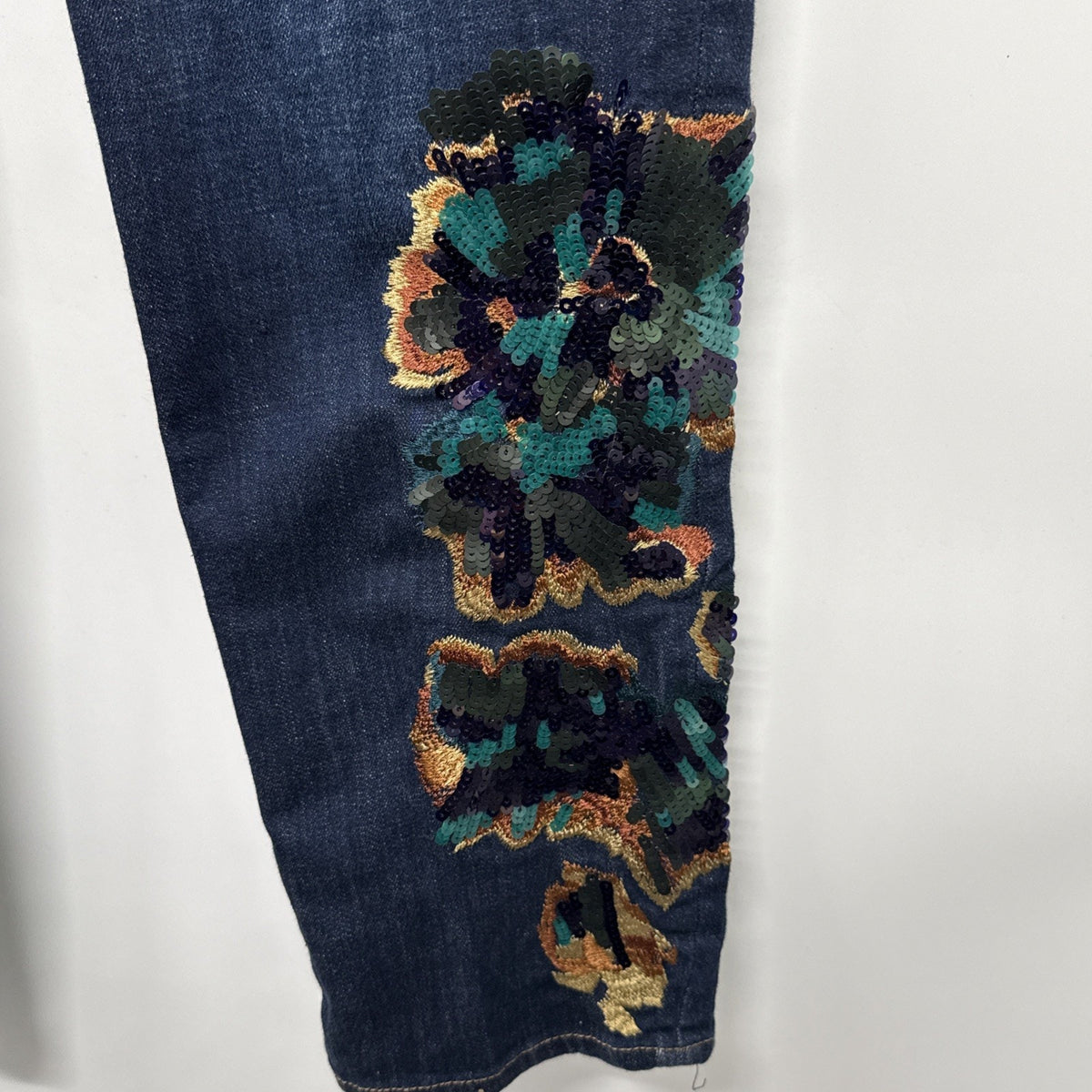 Chico’s So Slimming Girlfriend Jeans Women 12 Sequin Embroidered Ankle Denim Pan