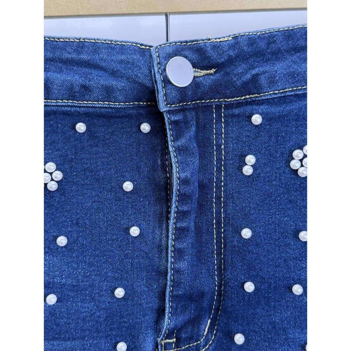 Plus Size Pearl Studded Denim Skirt 3XL Frayed Hem Stretch Jean