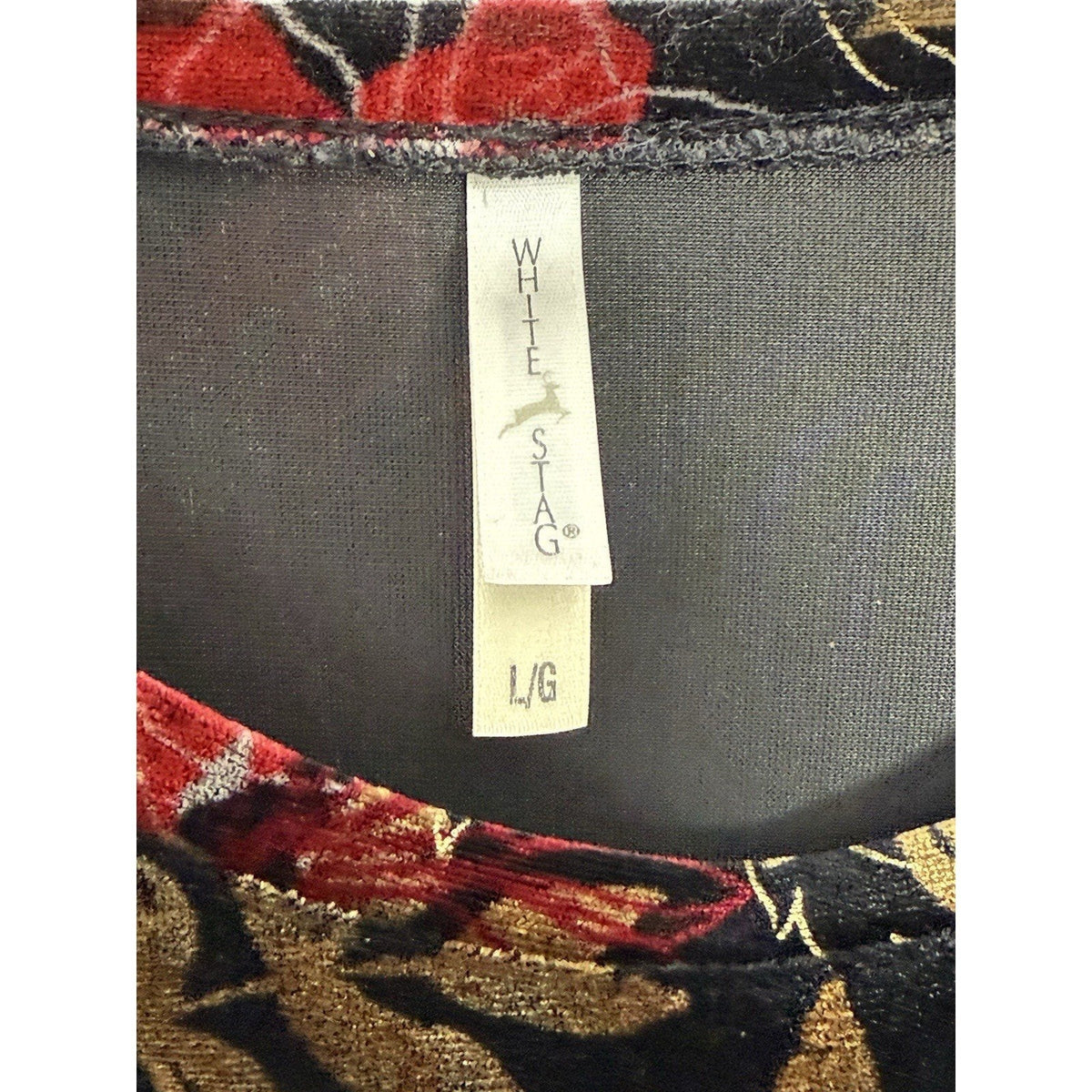 White Stag Large Velvet Top Black Red Gold Metallic Floral LS Whimsigoth