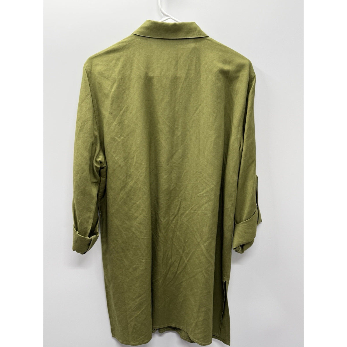 Crazy Horse Collection L Olive Green Button Front Roll Tab Blouse Tunic Pockets