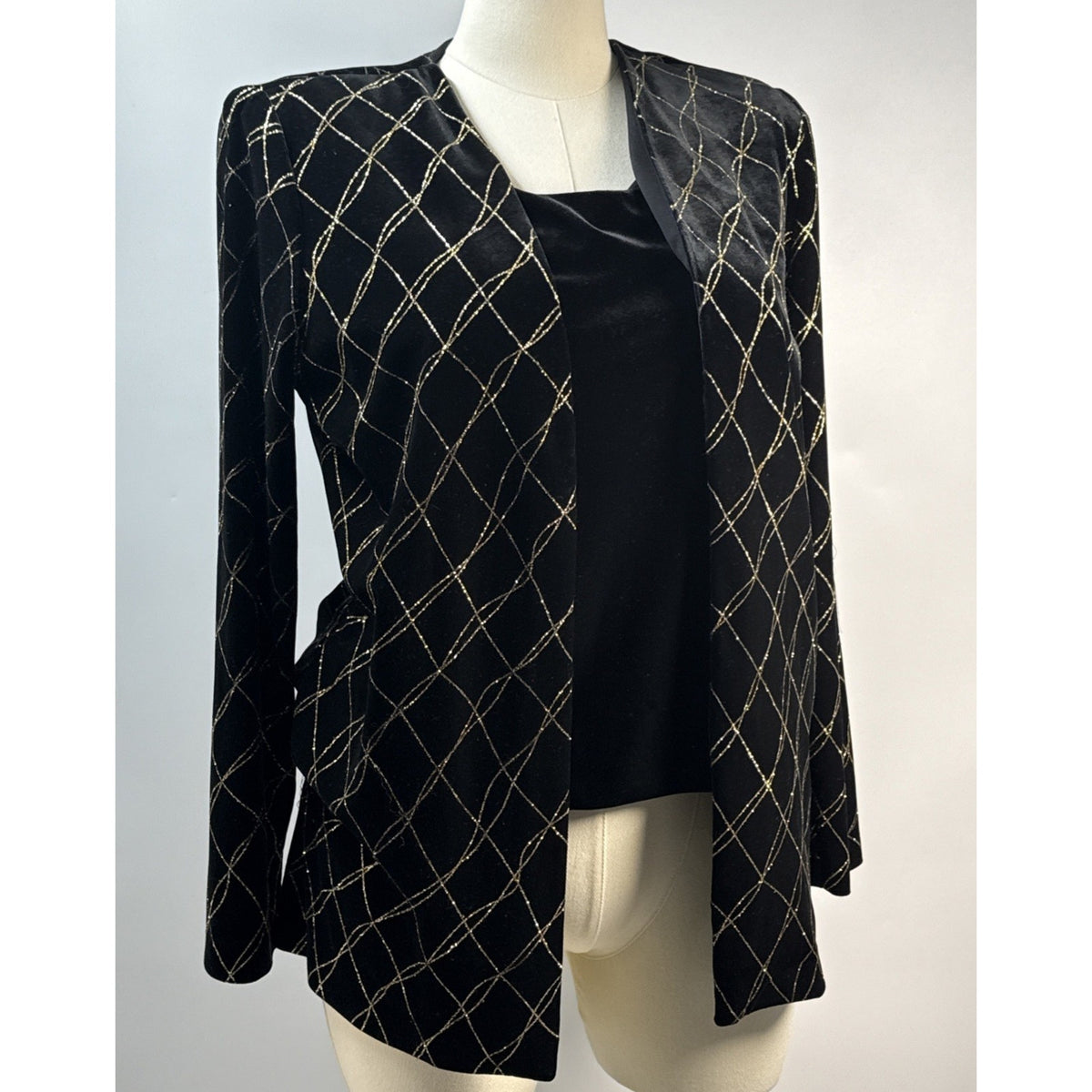 J.B.S. LTD. Size 12 Vintage Velvet Metallic Grid Open Front Jacket Black/Gold
