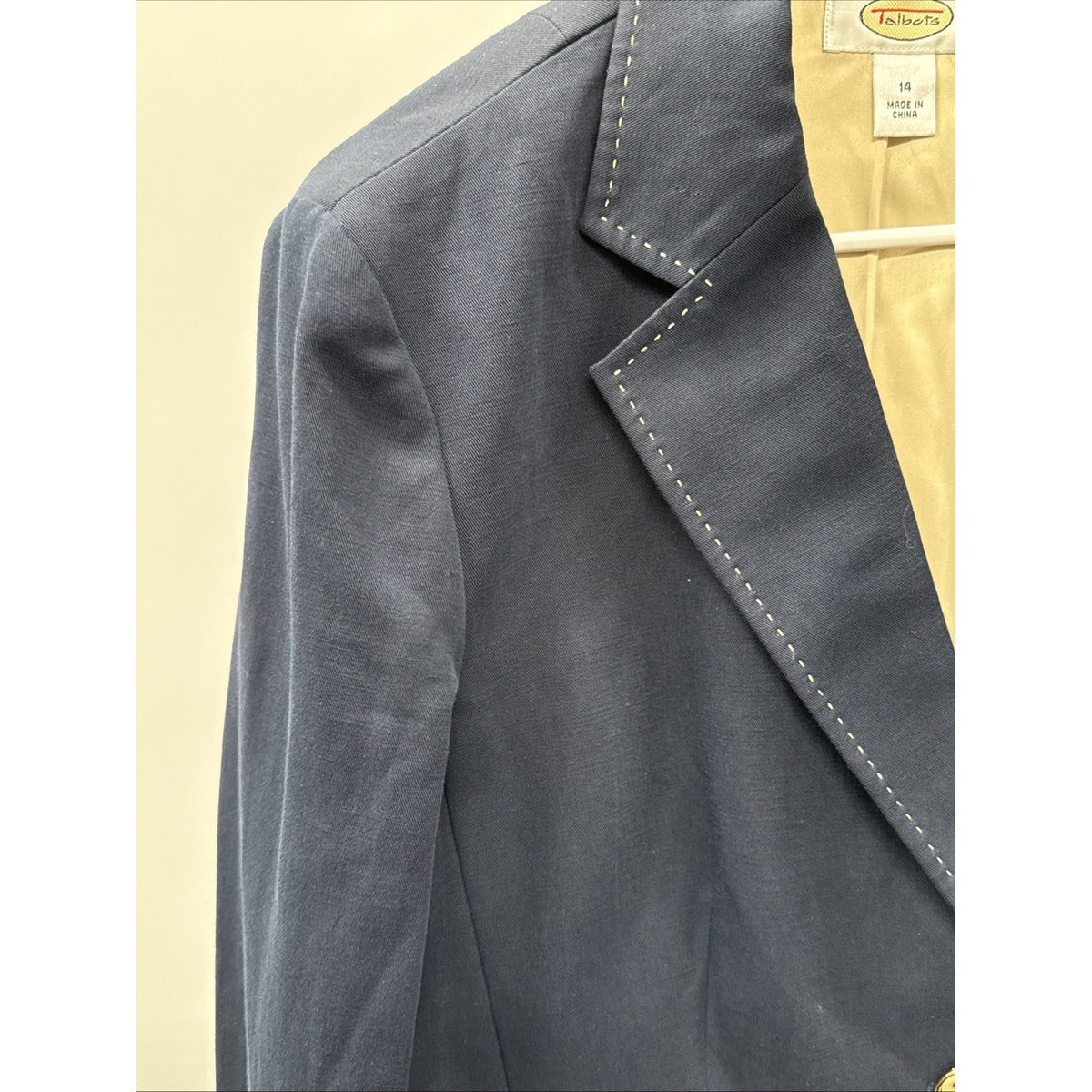Talbots Blazer Womens 14 Navy Cotton Linen Lined Jacket Contrast Stitch