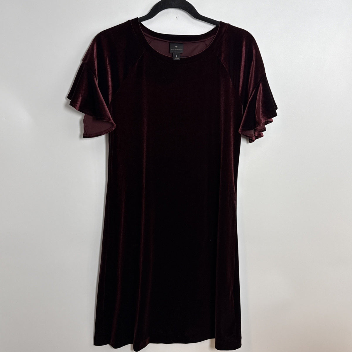 Worthington Velvet Shift Dress Small Burgundy Wine Ruffle Flutter Sleeve Holiday