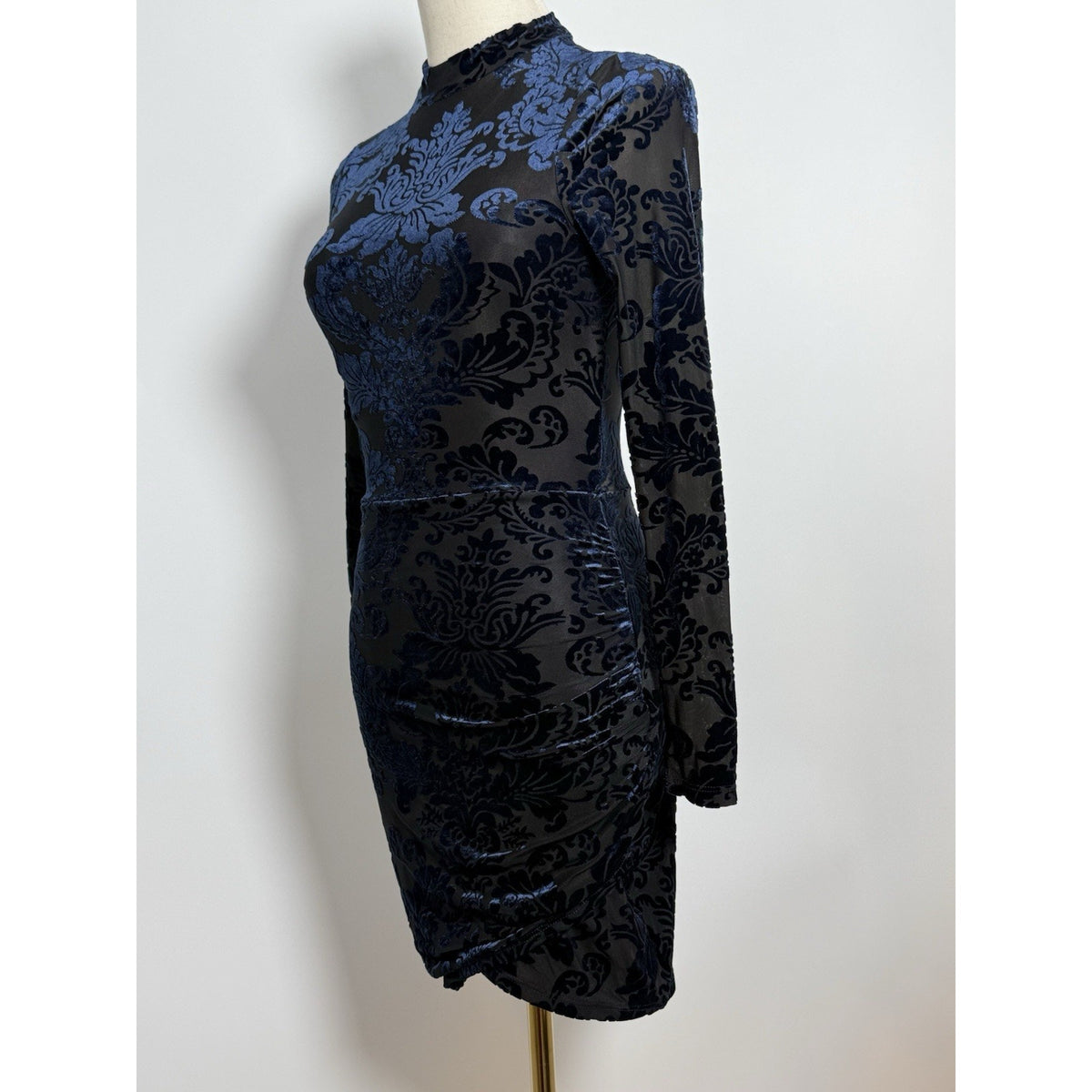 Windsor XS Navy/Black Burnout Velvet Damask Bodycon Mini Mock Neck long sleeve
