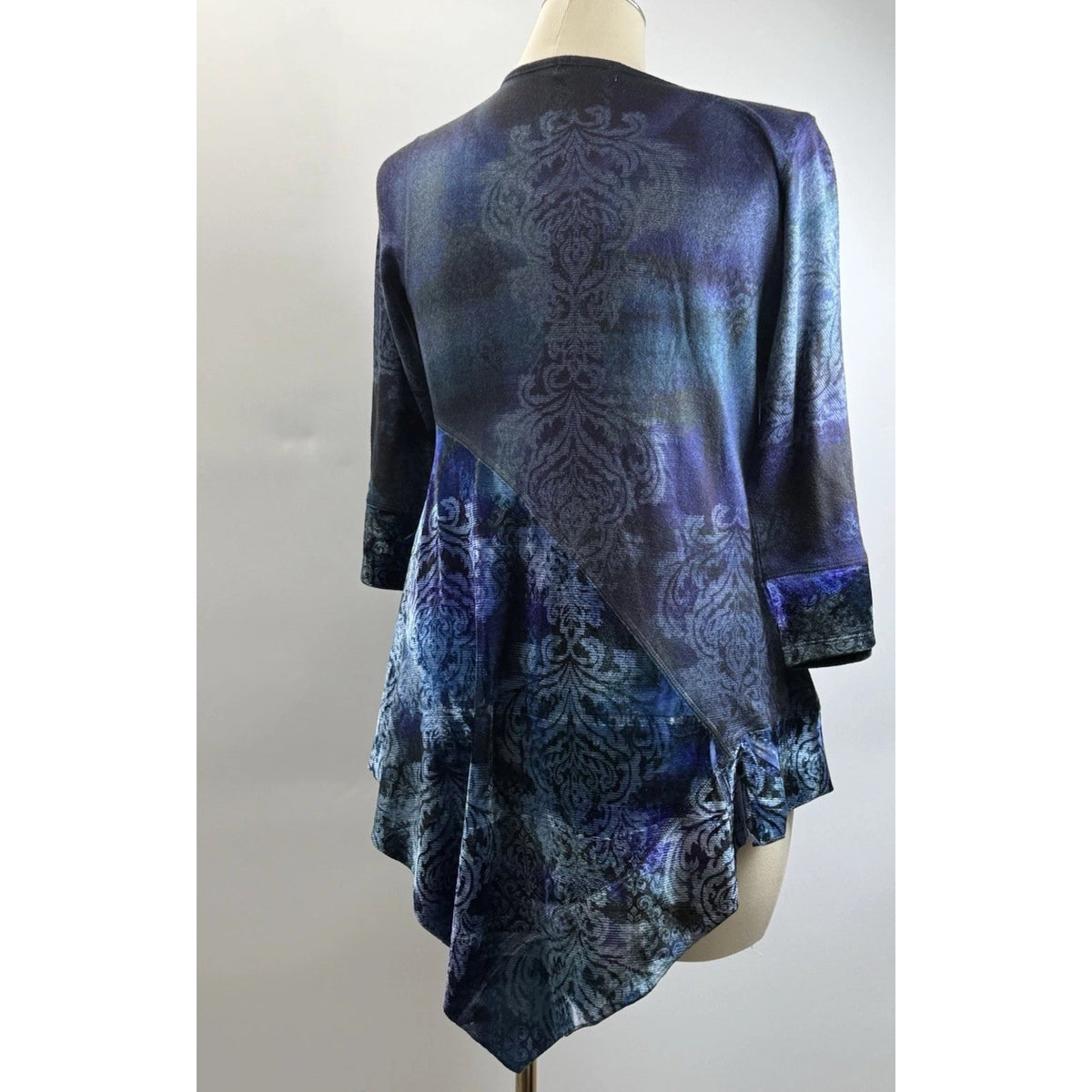 OneWorld Blue Abstract Sharkbite Tunic Top Large Boho Goth Asymmetrical