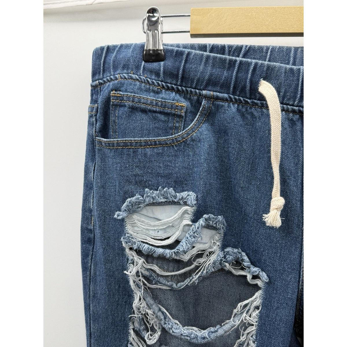 American Bazi Distressed Drawstring Jeans Women Size Large Blue Denim Grunge