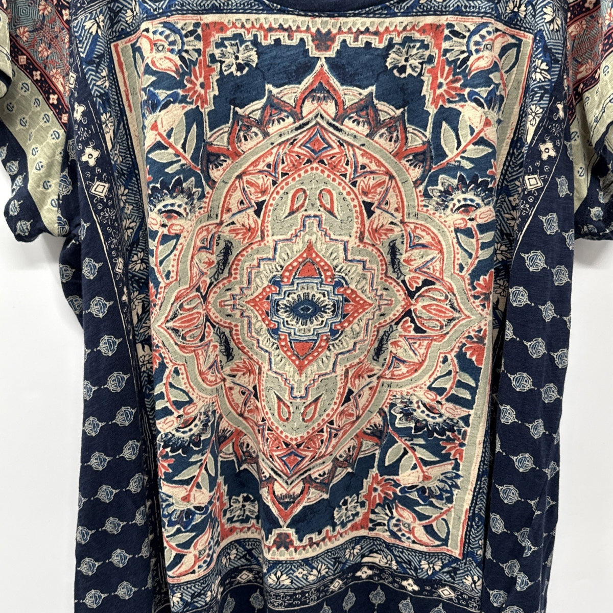 Lucky Brand Size 3X Persian Carpet Short Sleeve Scoop Neck Tee Top Navy Blue