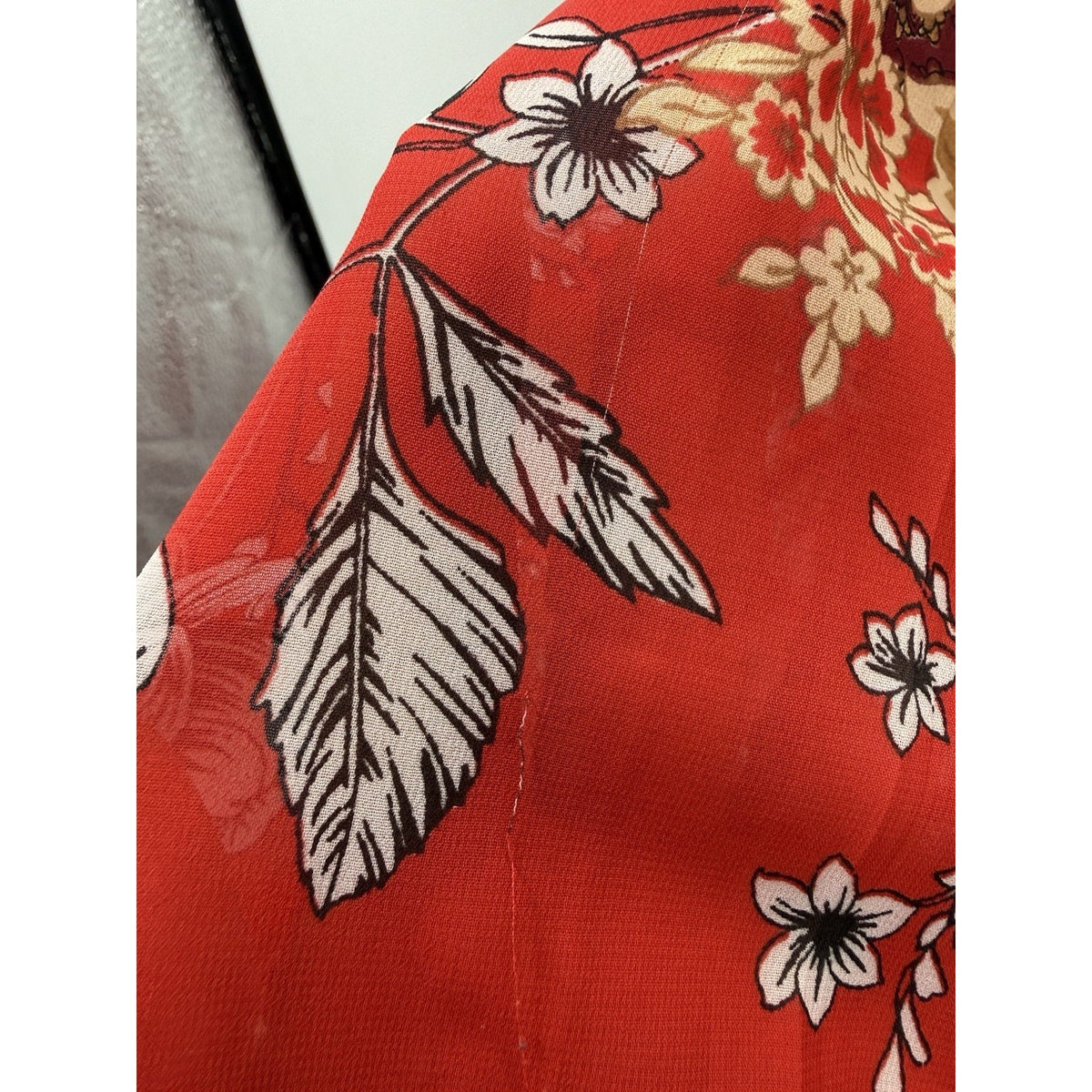 Roaman’s 16W Red Floral Boho Button Front Tunic Blouse Sheer Long Sleeve