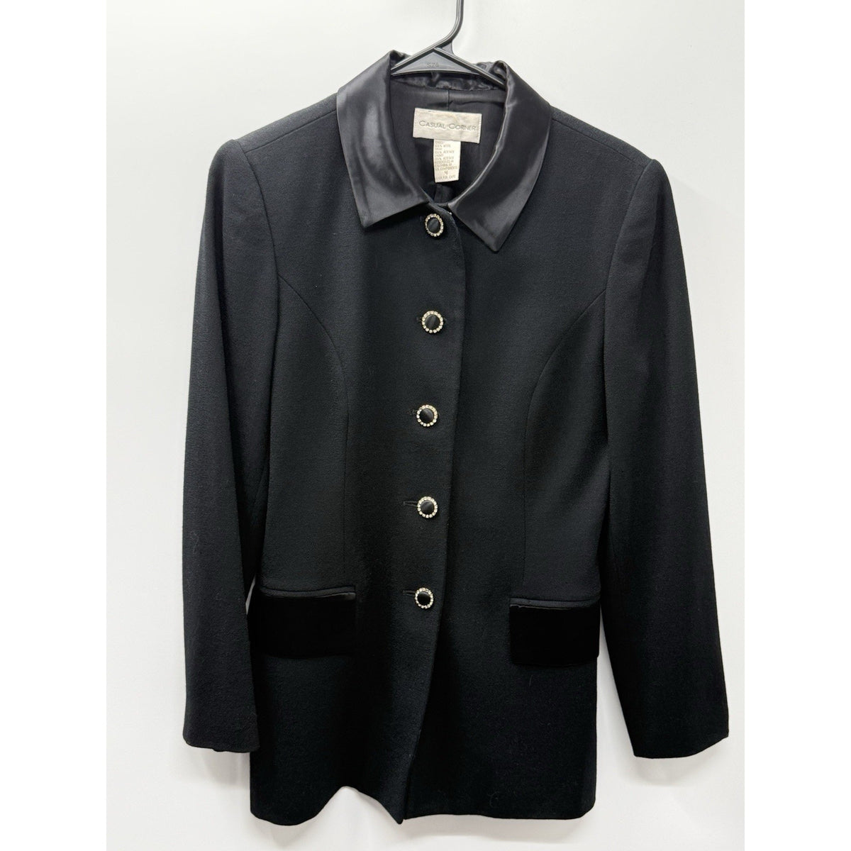VTG Casual Corner Womens Size 4 Black 100% Wool Blazer Satin Collar