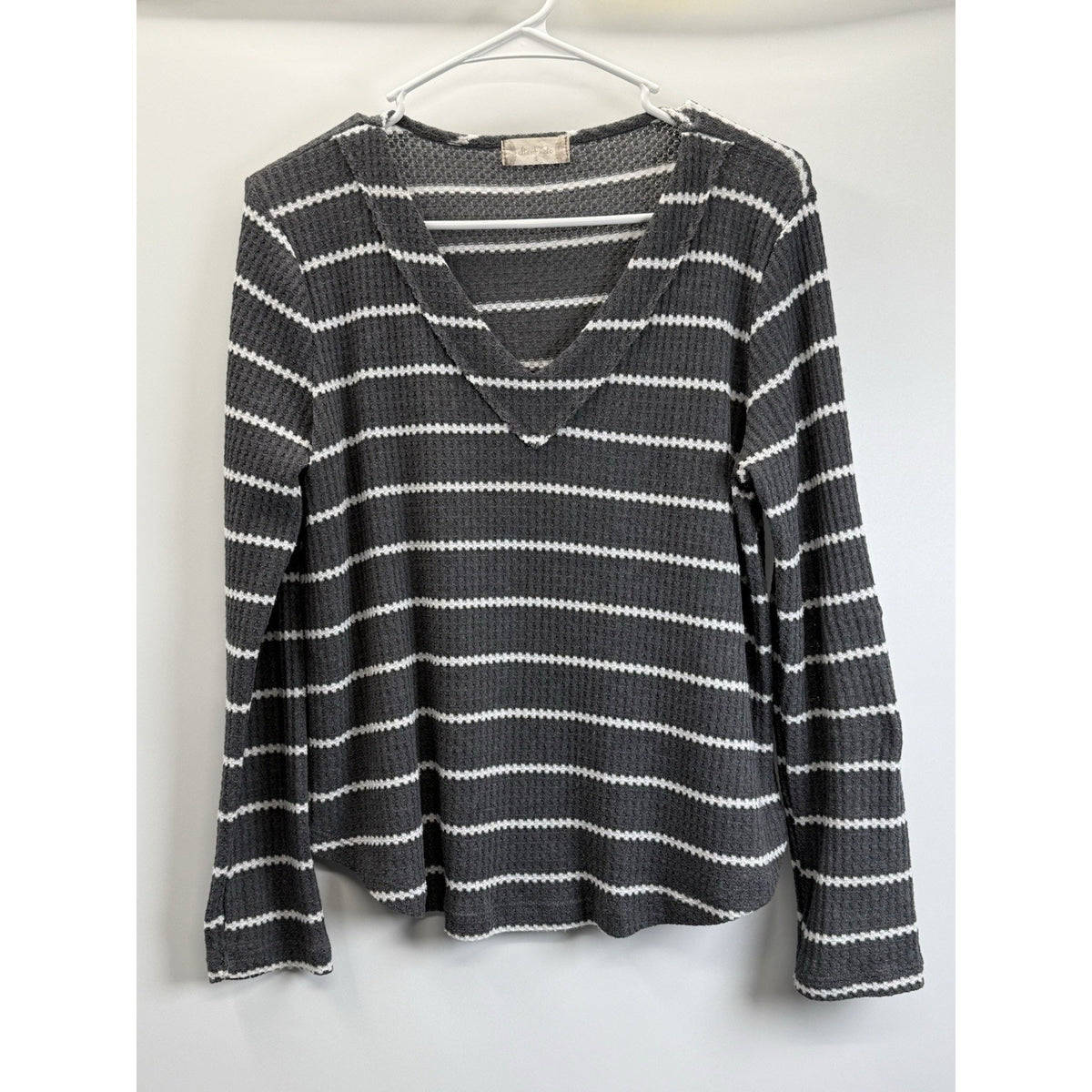 Altar'd State Top Womens Small Waffle Knit Grey White Stripe V Neck Long Sleeve