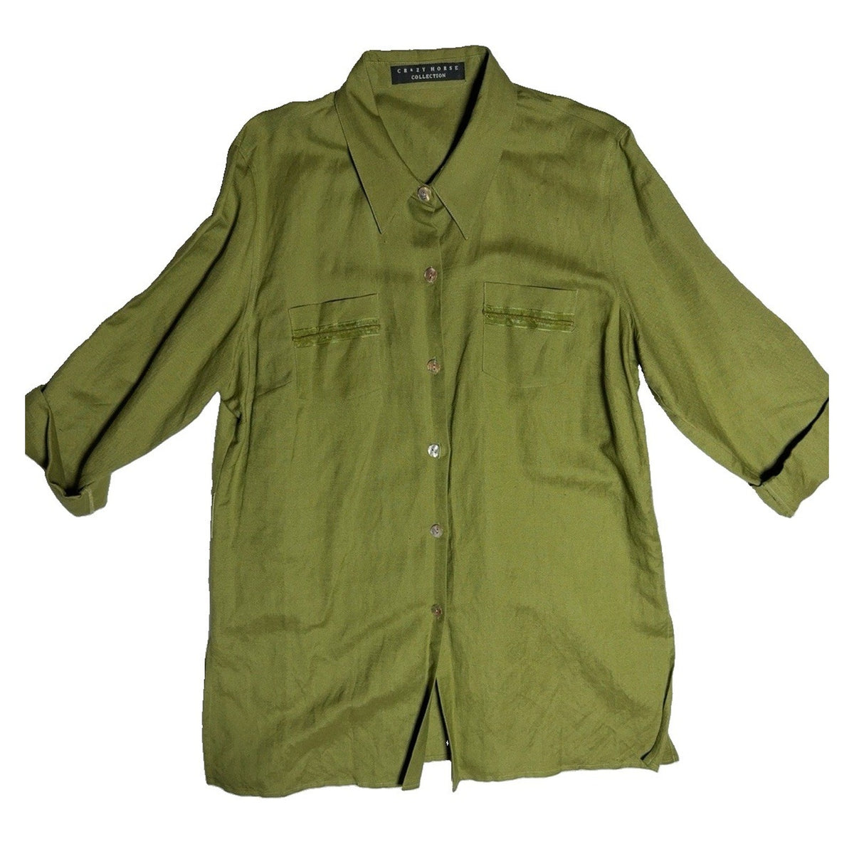 Crazy Horse Collection L Olive Green Button Front Roll Tab Blouse Tunic Pockets