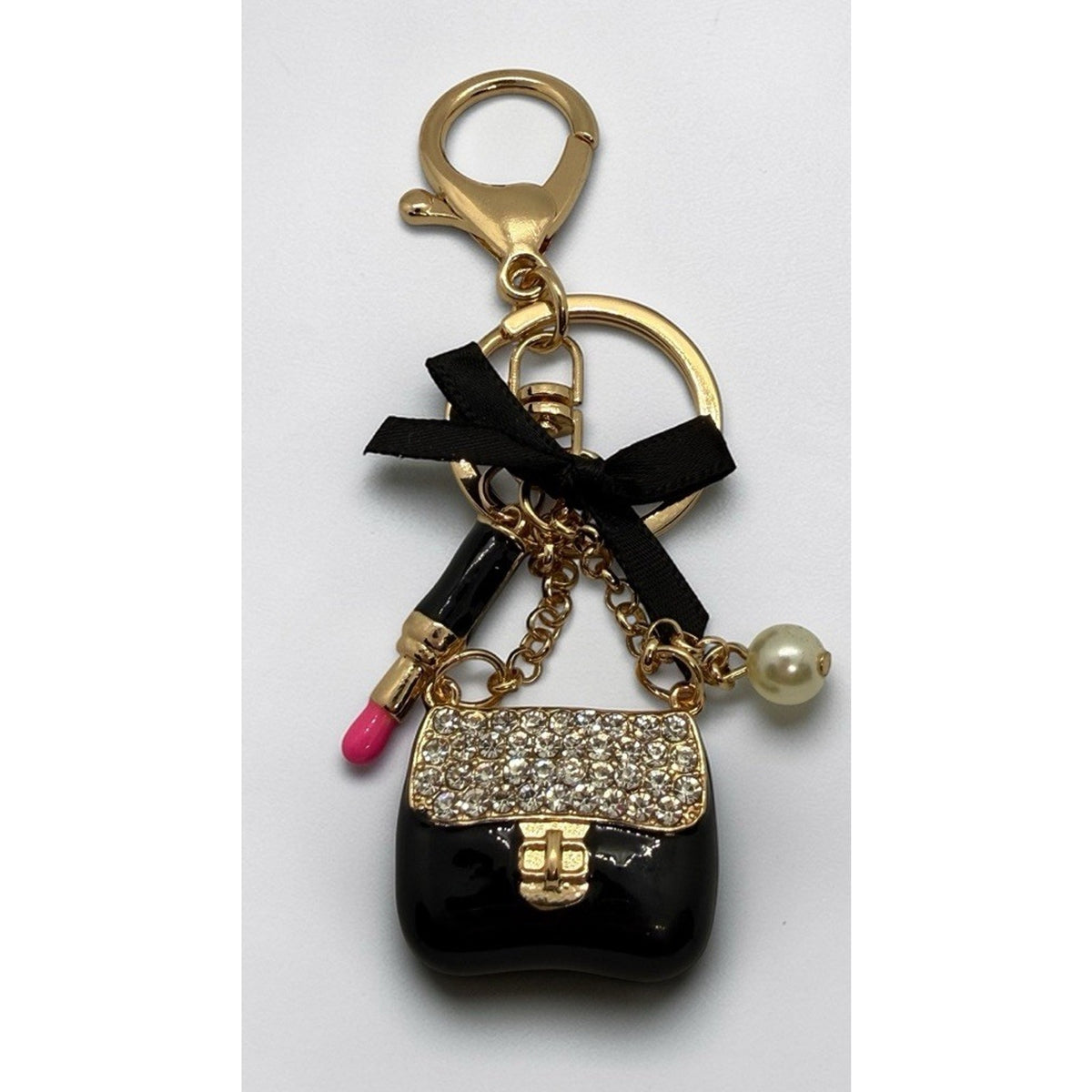 Handbag Purse Charm Keychain Women’s Rhinestone Bag Lipstick Gold Tone Keyring