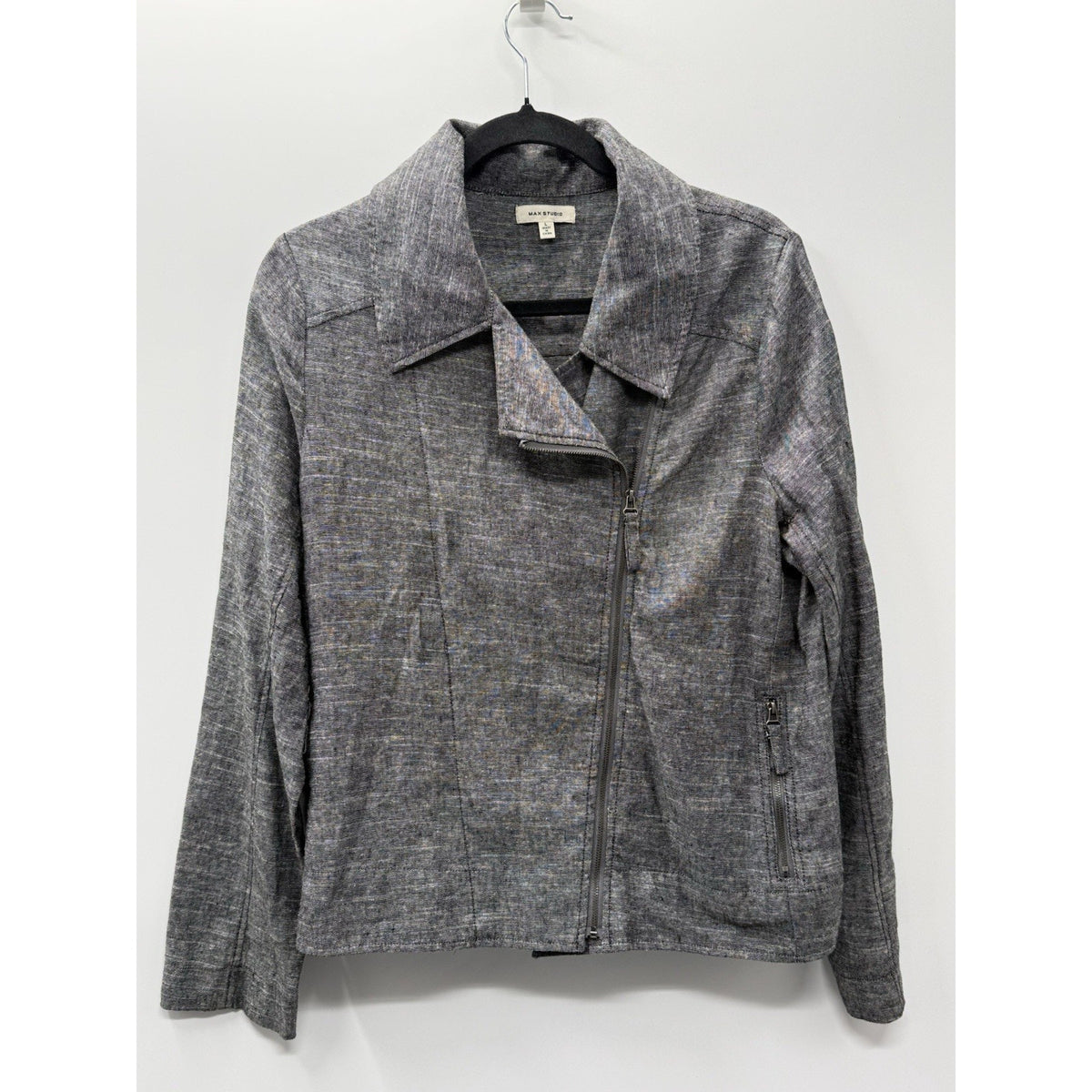 MAX STUDIO Linen Blend Moto Jacket Women’s L Gray Asymmetrical Zip