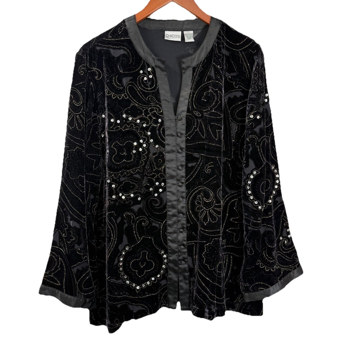 Chico’s Black Velvet Embellished Blouse Size 2 Silk Rayon Beaded Button Front